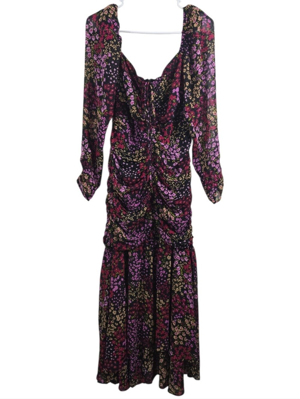 ASTR Athena Midi Dress Dark Floral Puff Sleeve Corset Tie Ruched Boho Women Sz M